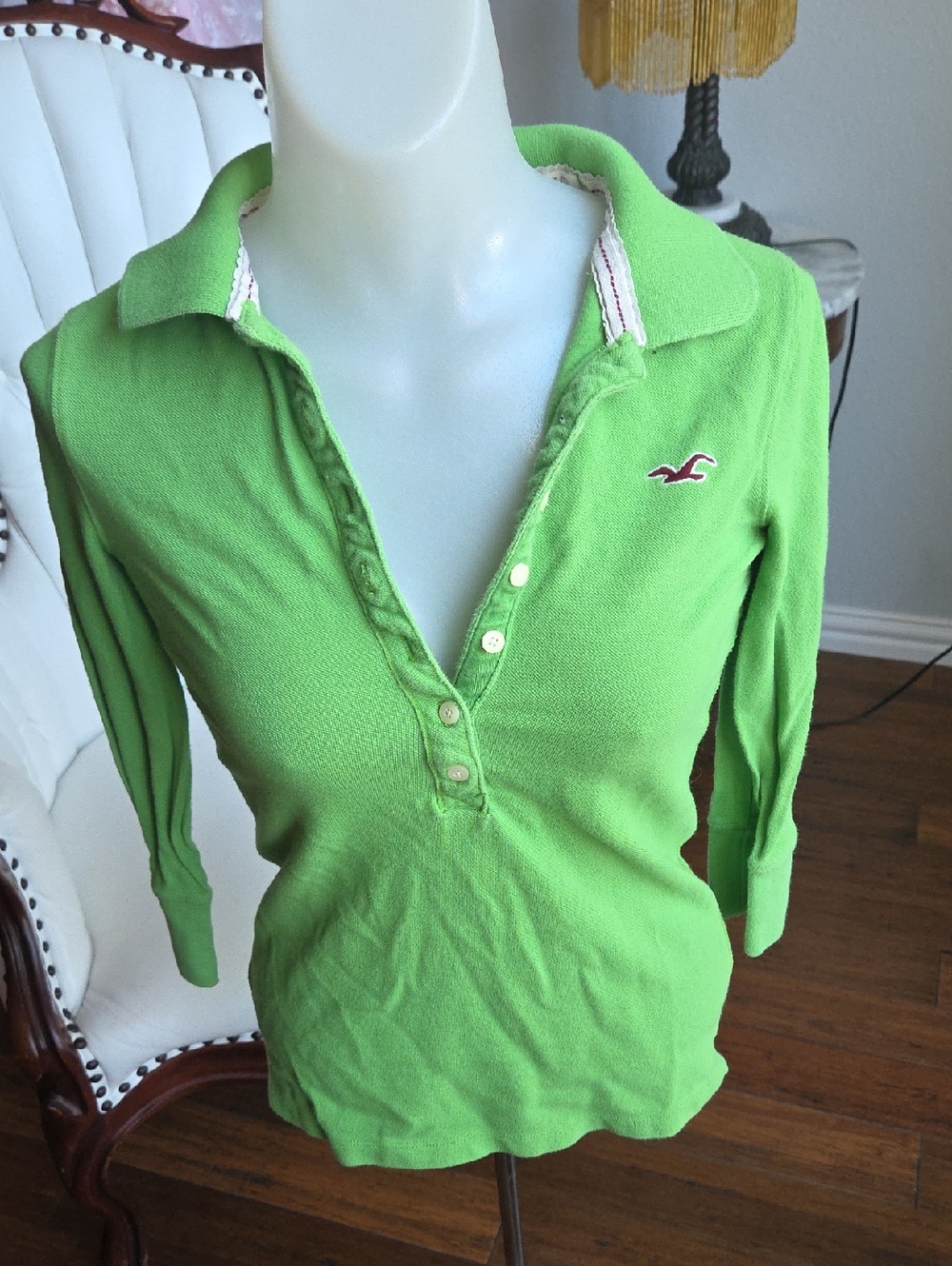 Vintage Y2k Hollister Women's Bright Lime Green Button-Down Polo